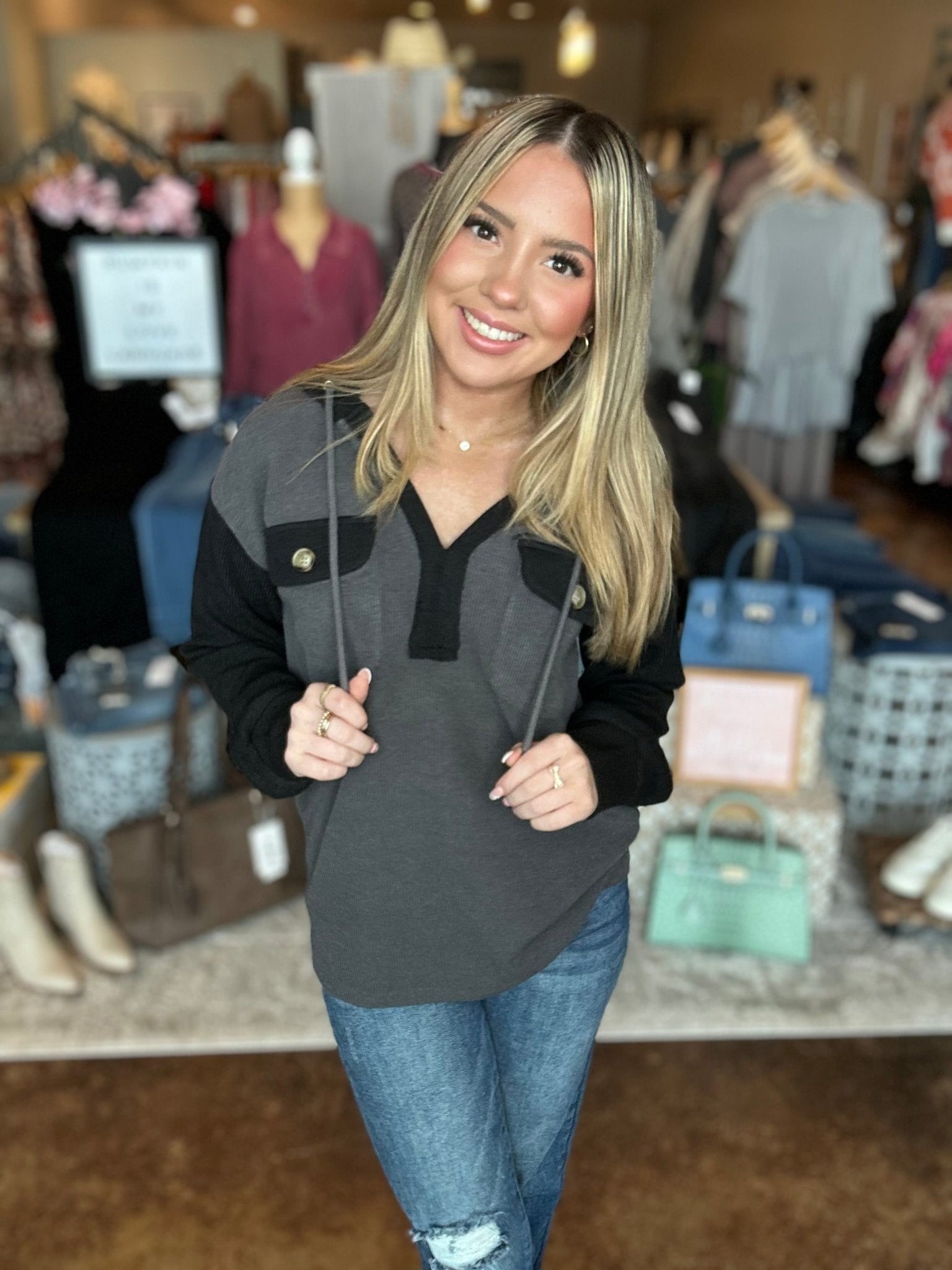 Split Neck Hoodie Top - Mainstream Boutique