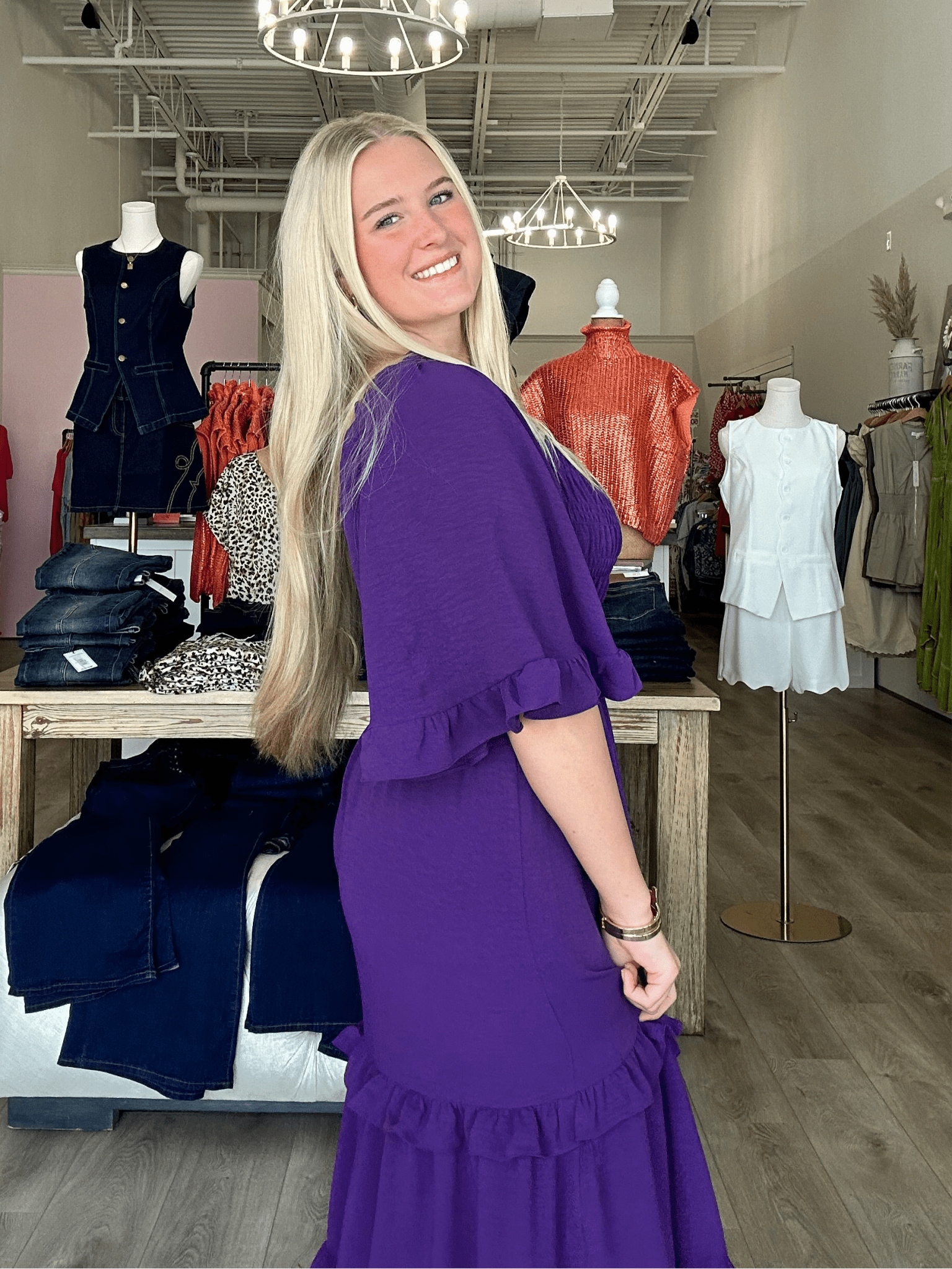 BELL SLEEVE SQUARE NECK SMOCKED TIERED MIDI DRESS - Mainstream Boutique