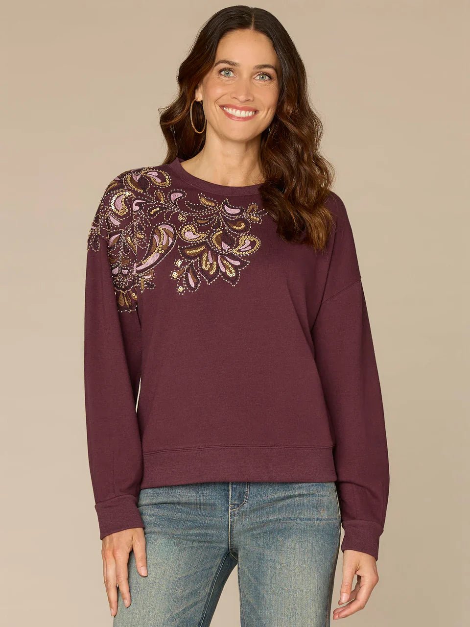 Crew Neck Knit Sweatshirt With Abstract Beaded Embroidery - Mainstream Boutique