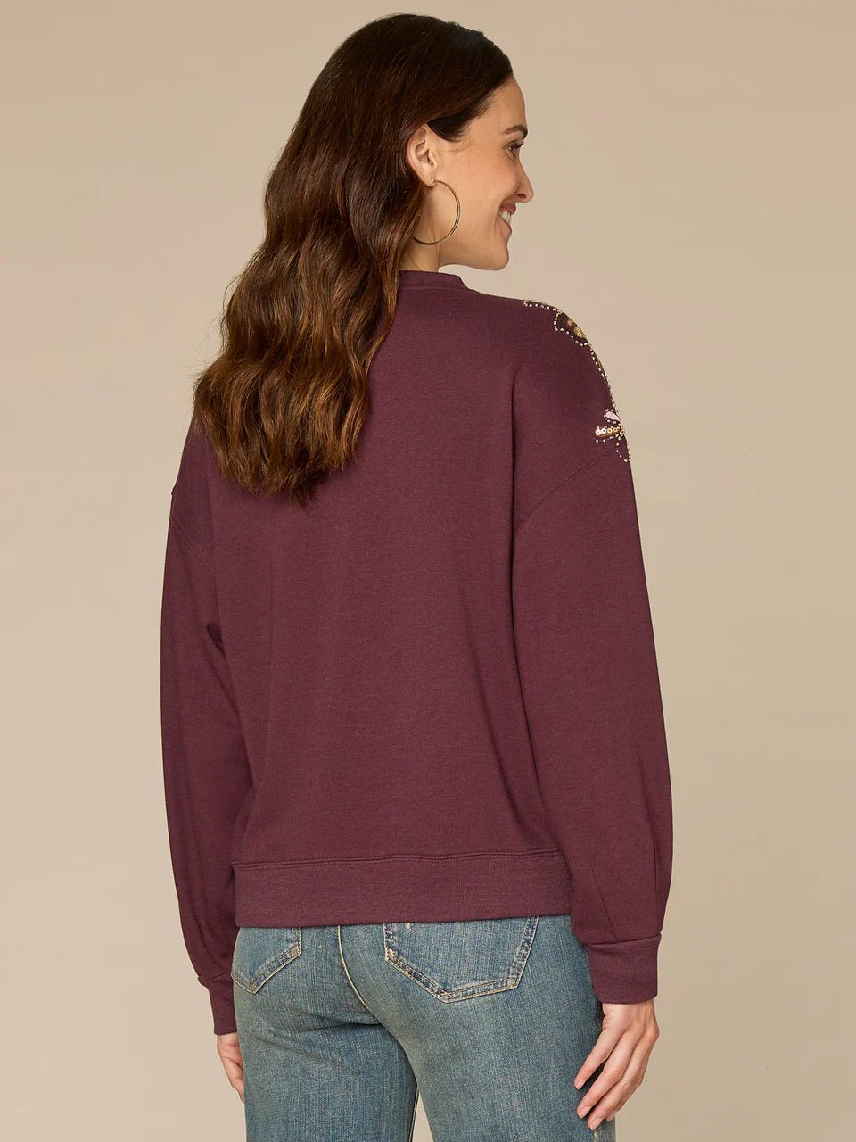 Crew Neck Knit Sweatshirt With Abstract Beaded Embroidery - Mainstream Boutique
