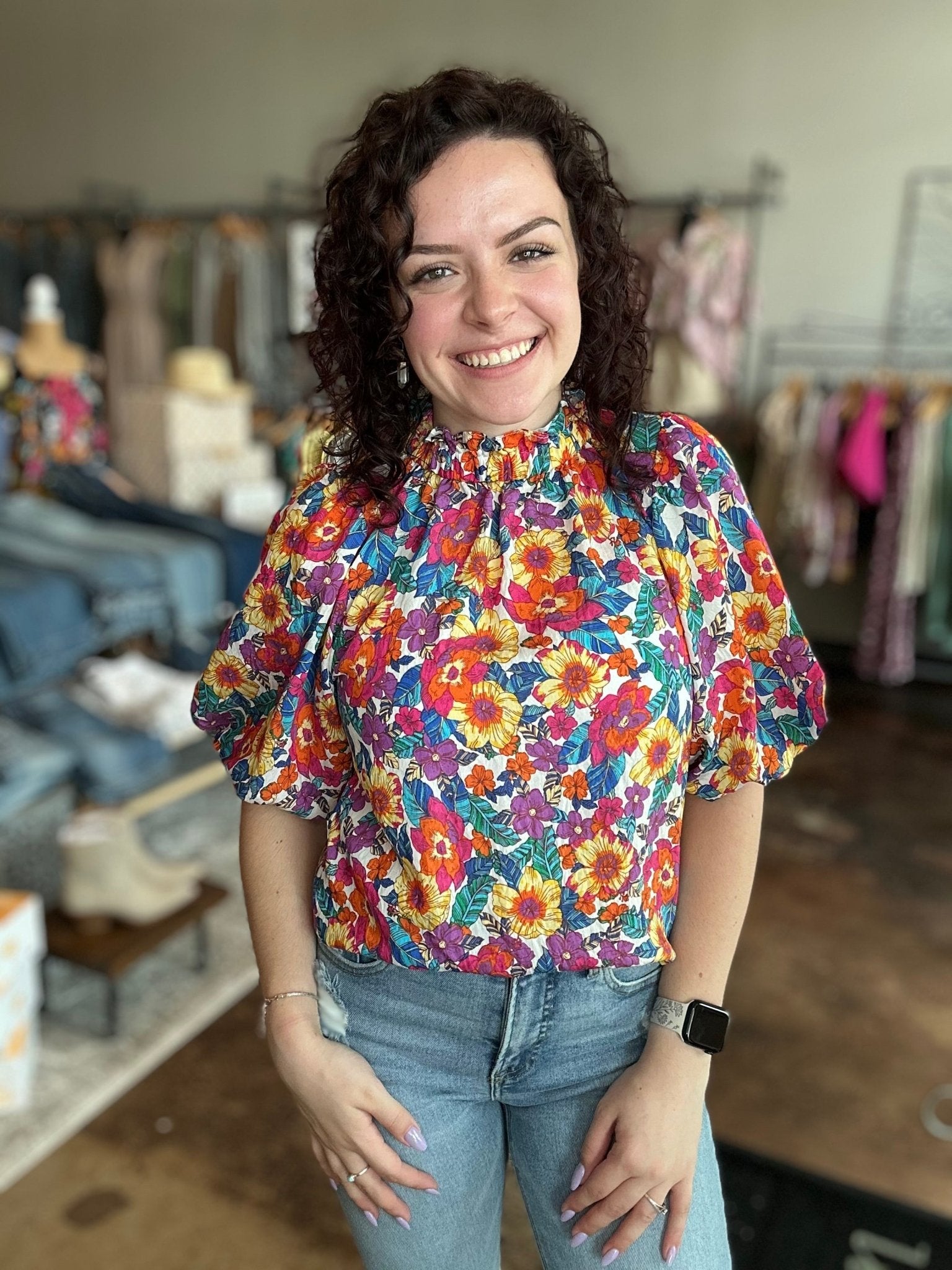 Puff Sleeve Floral Top With Button - Up Back - Mainstream Boutique