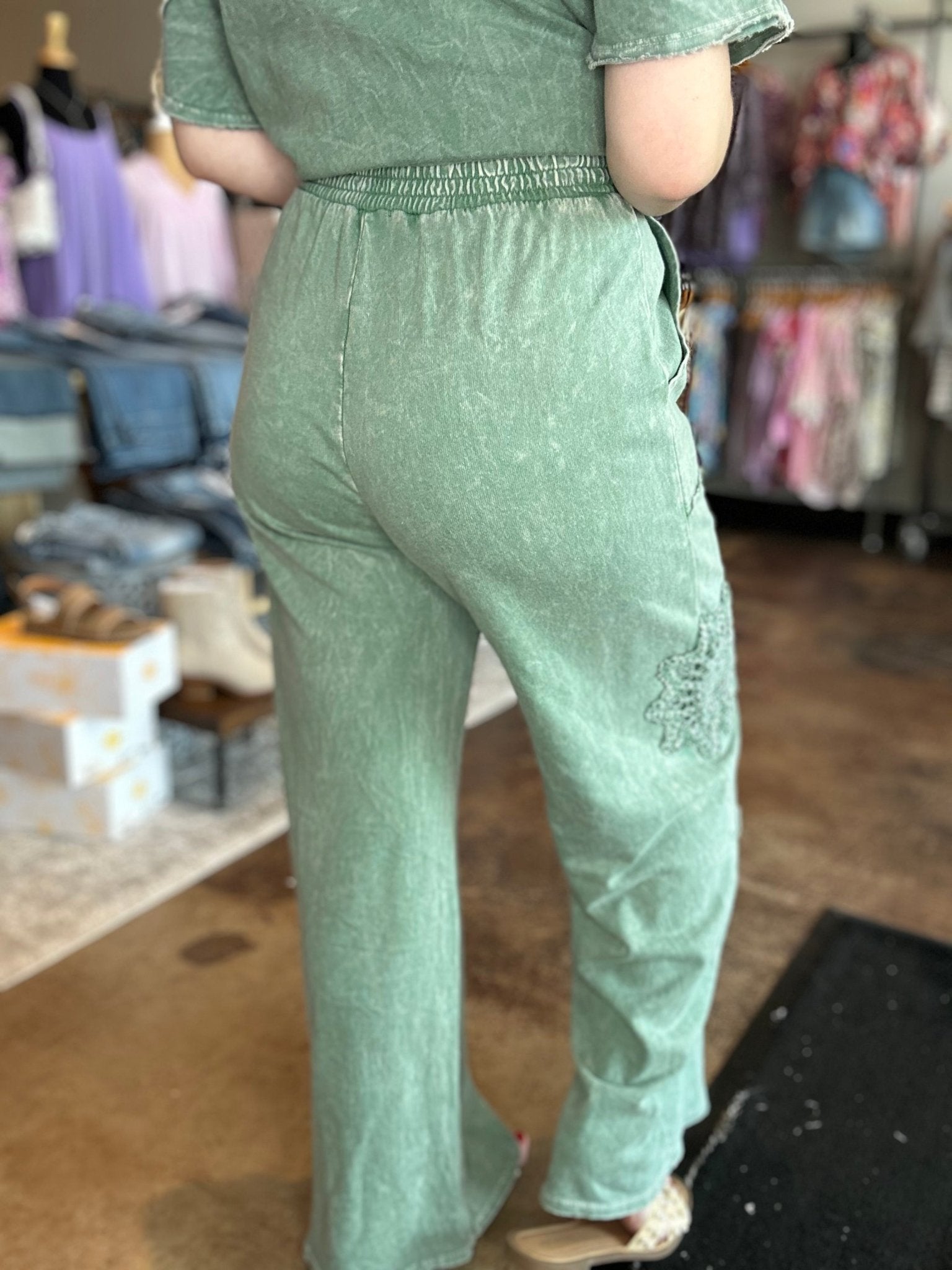 Mineral Washed Doily Detail Wide Leg Pants - Mainstream Boutique