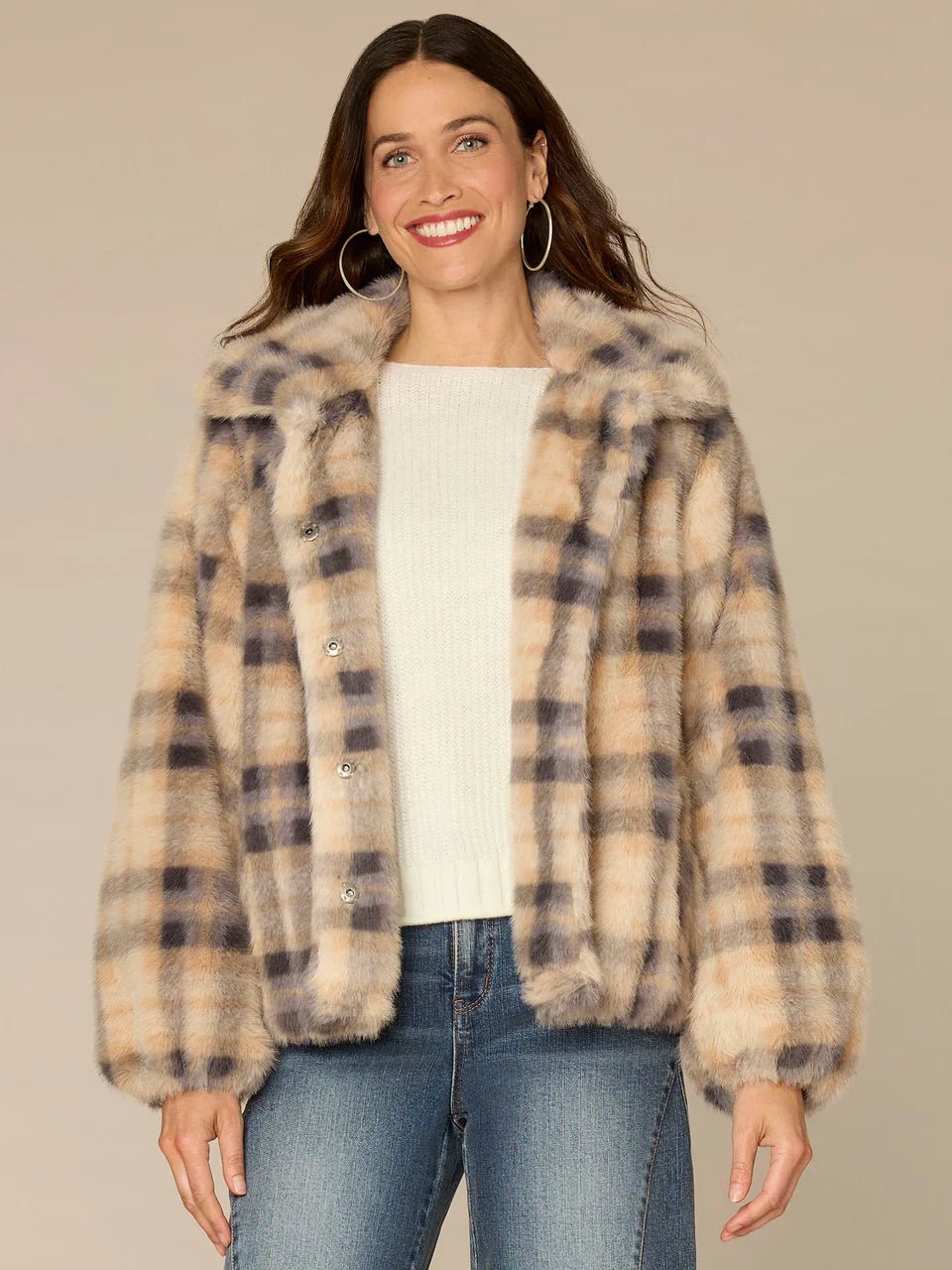 Blouson Sleeve Collared Button Front Plaid Woven Faux Fur Jacket - Mainstream Boutique