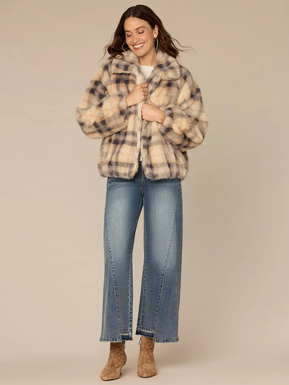Blouson Sleeve Collared Button Front Plaid Woven Faux Fur Jacket - Mainstream Boutique