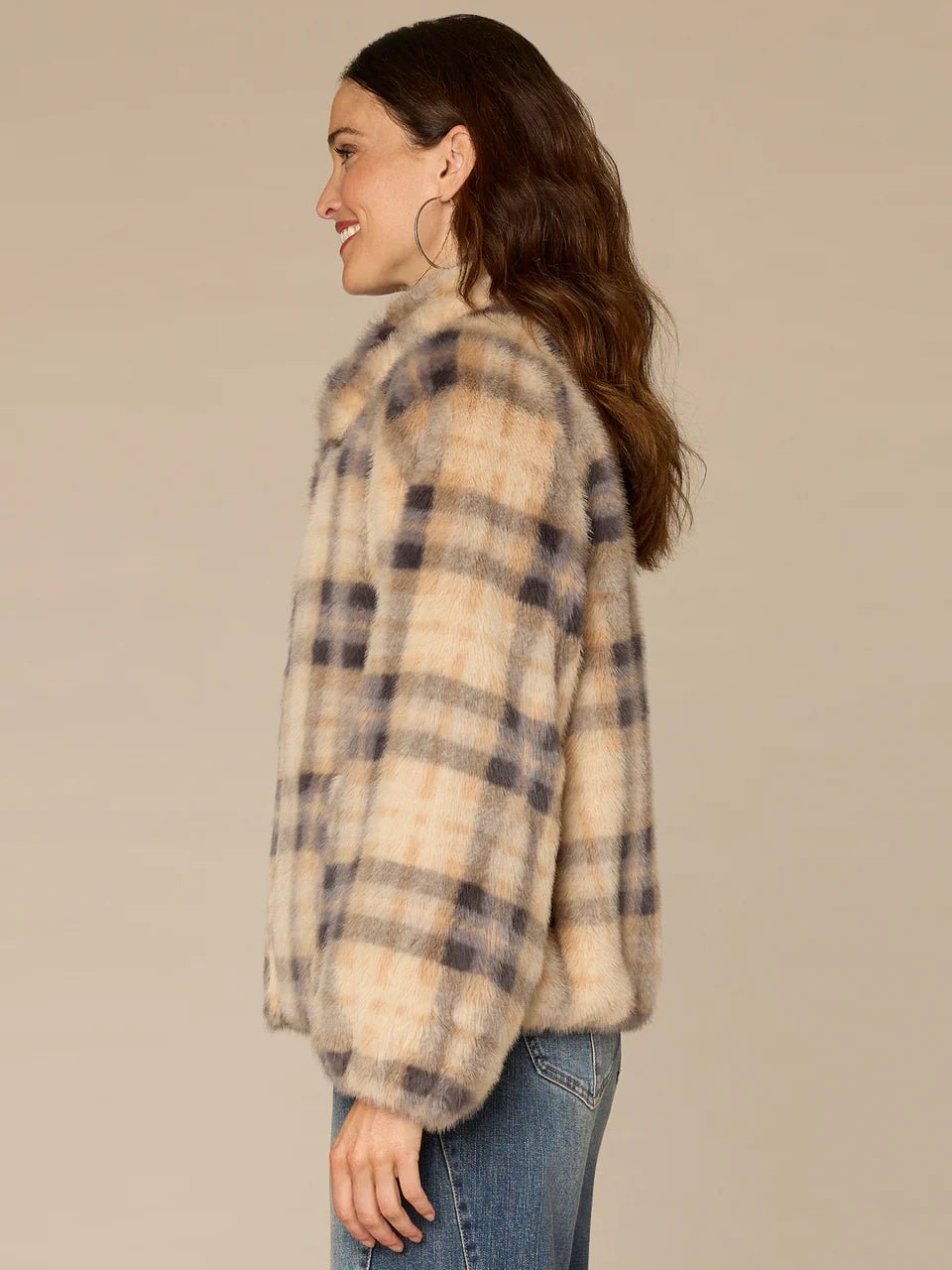 Blouson Sleeve Collared Button Front Plaid Woven Faux Fur Jacket - Mainstream Boutique