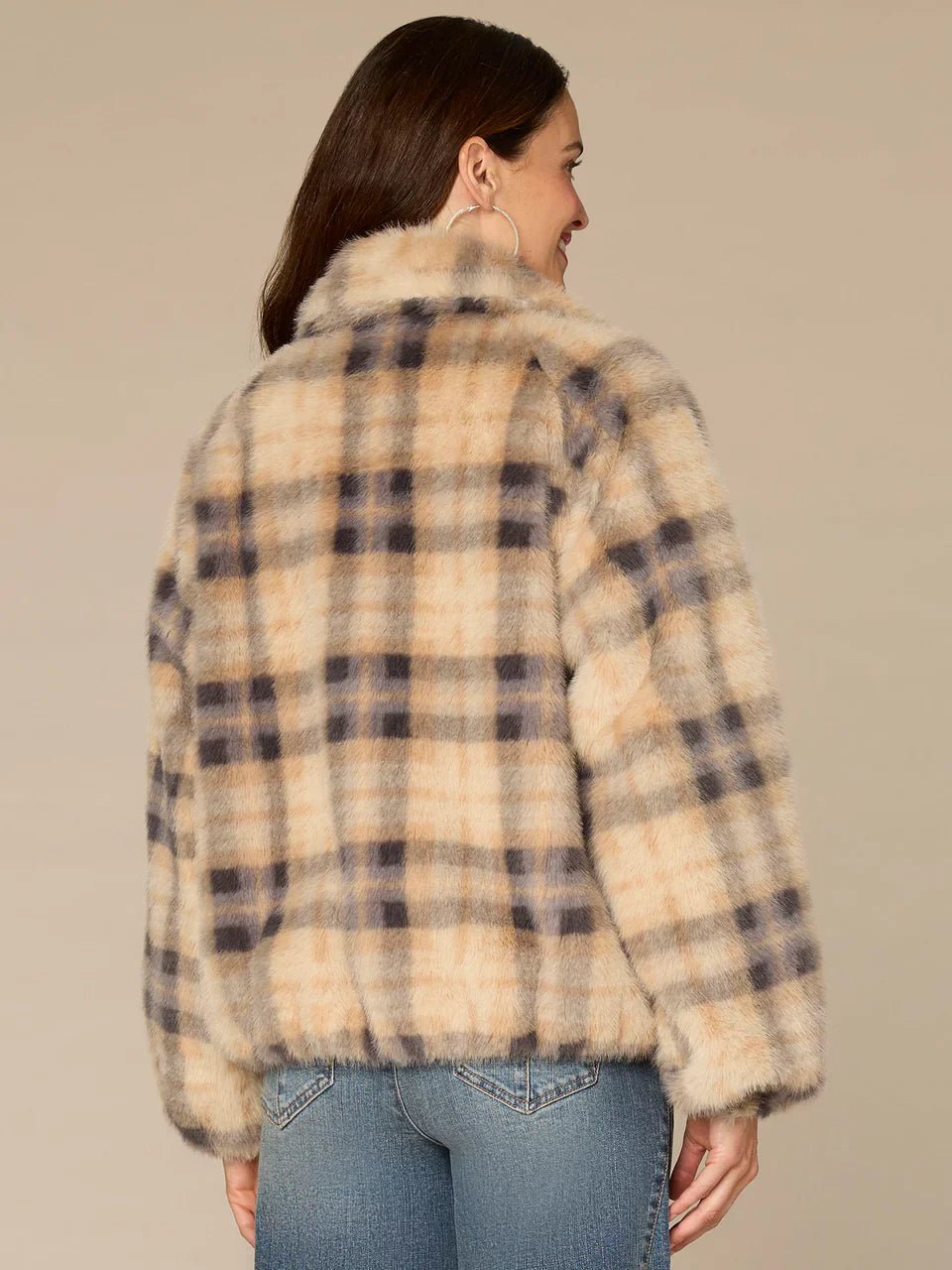 Blouson Sleeve Collared Button Front Plaid Woven Faux Fur Jacket - Mainstream Boutique