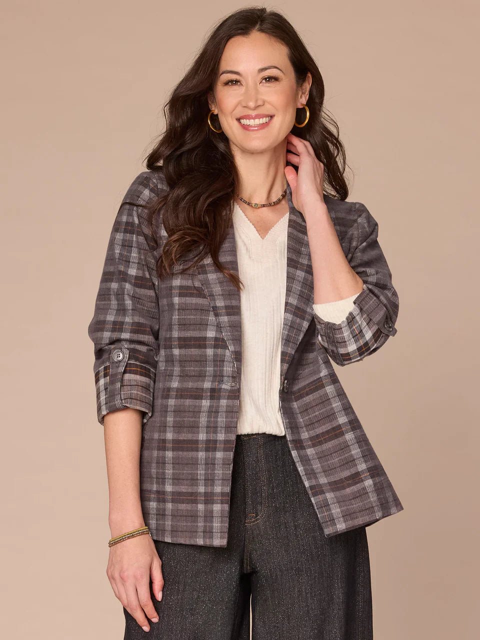 Long Roll Tab Sleeve Princess Seam Pockets Single Button Plaid Blazer - Mainstream Boutique