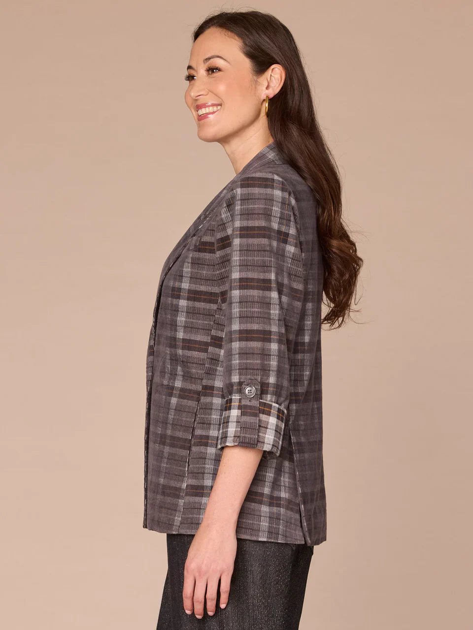 Long Roll Tab Sleeve Princess Seam Pockets Single Button Plaid Blazer - Mainstream Boutique