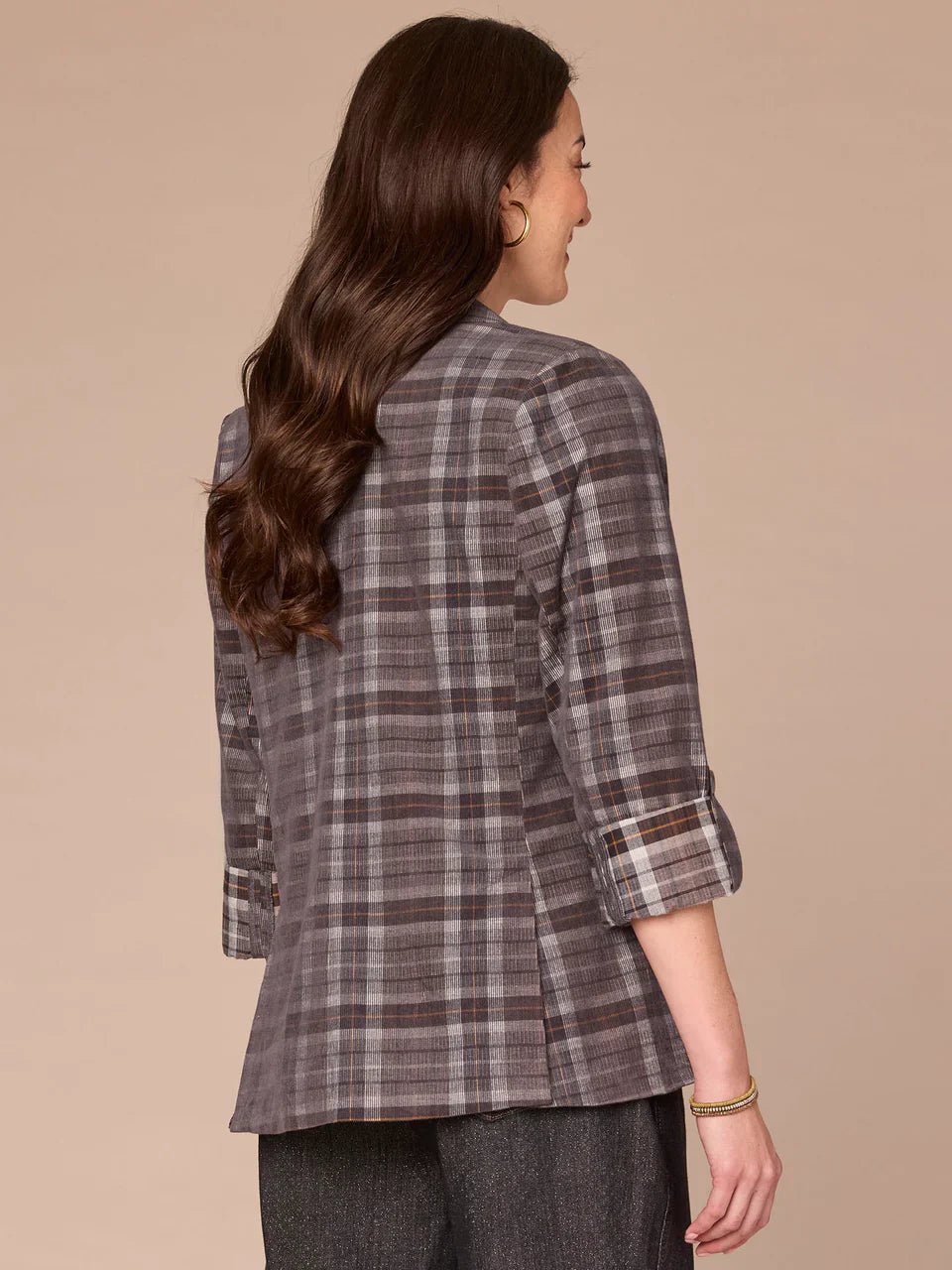 Long Roll Tab Sleeve Princess Seam Pockets Single Button Plaid Blazer - Mainstream Boutique