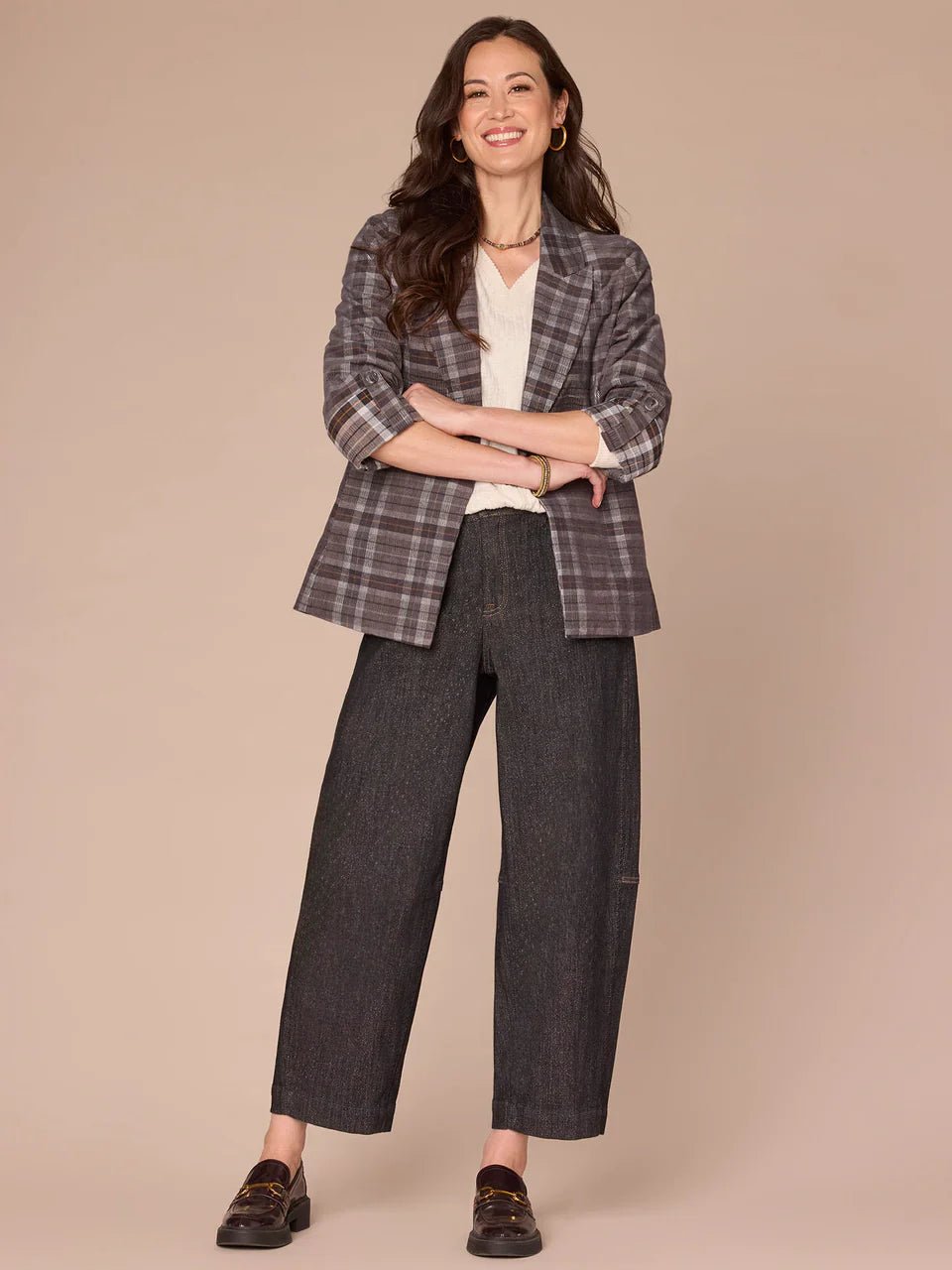 Long Roll Tab Sleeve Princess Seam Pockets Single Button Plaid Blazer - Mainstream Boutique