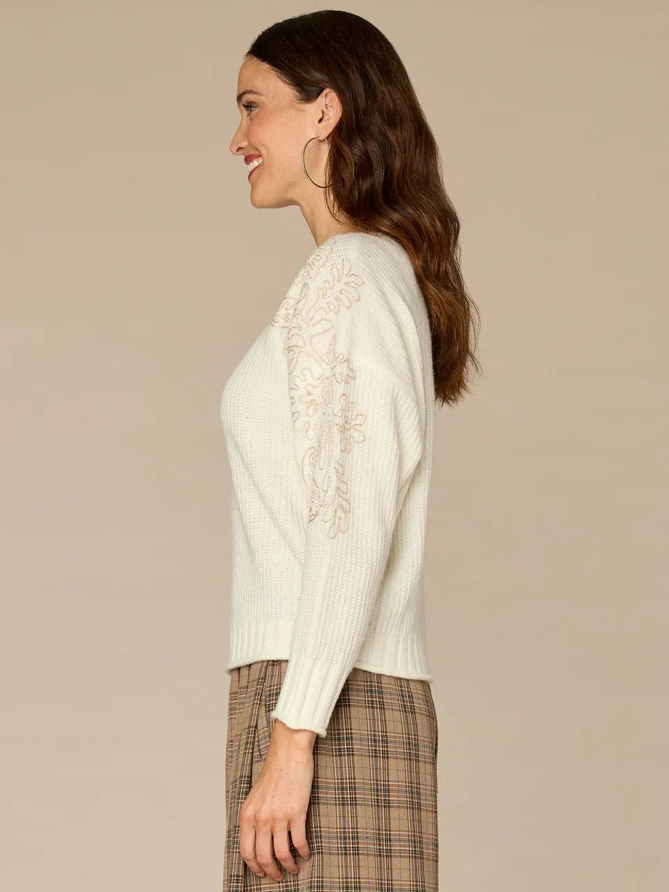 Long Sleeve Boat Neck Embroidered Shoulder Pull Over Sweater - Mainstream Boutique