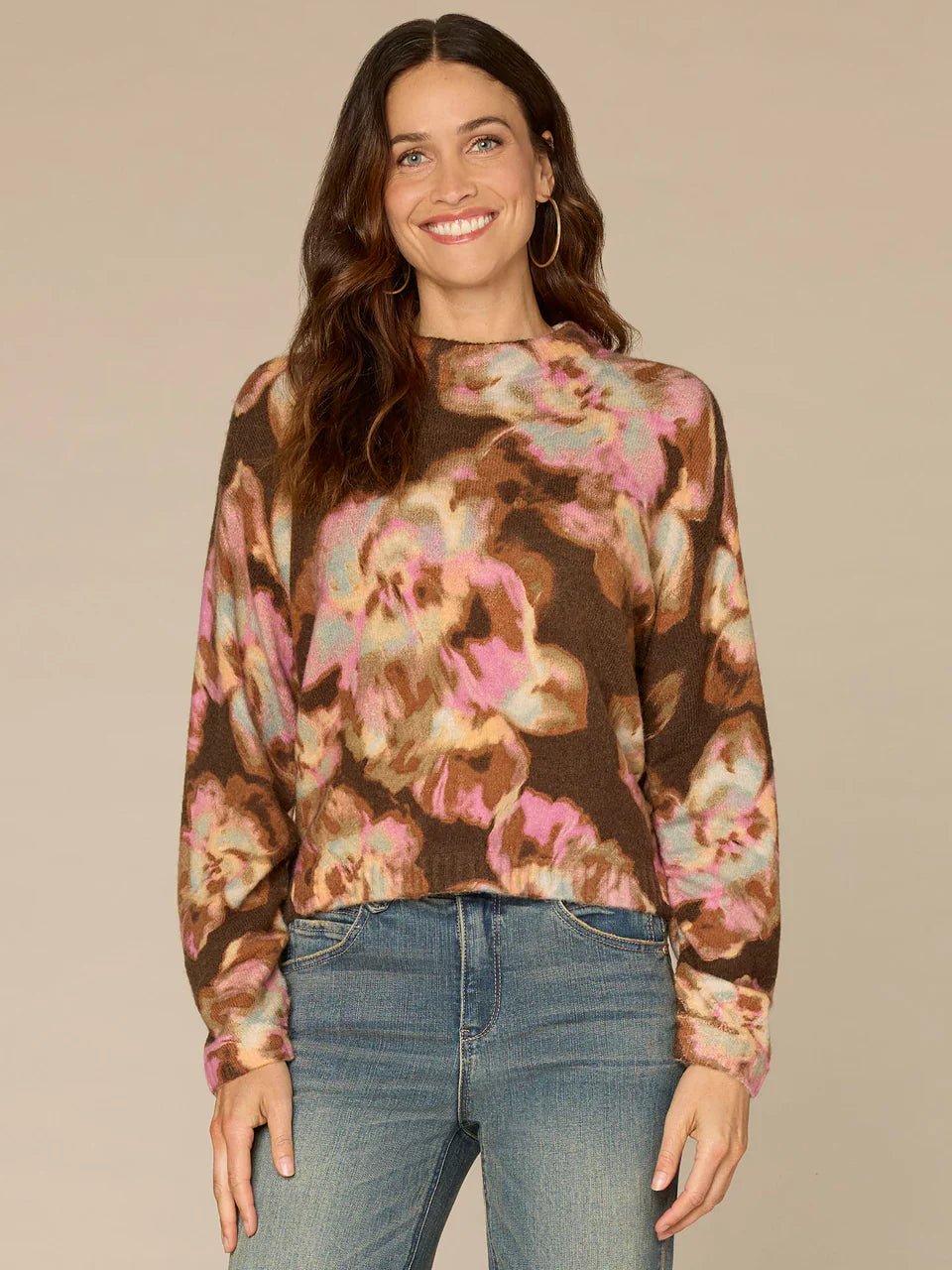 Long Ruched Sleeve Mock Neck Abstract Floral Print Petite Sweater - Mainstream Boutique