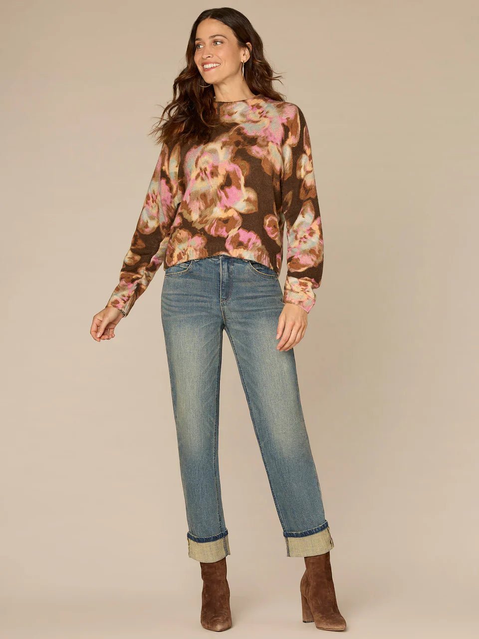 Long Ruched Sleeve Mock Neck Abstract Floral Print Petite Sweater - Mainstream Boutique