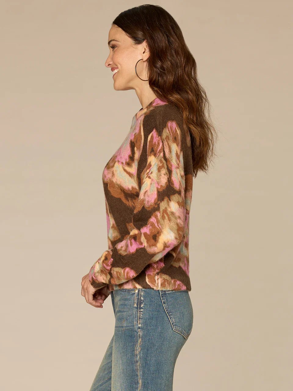Long Ruched Sleeve Mock Neck Abstract Floral Print Petite Sweater - Mainstream Boutique