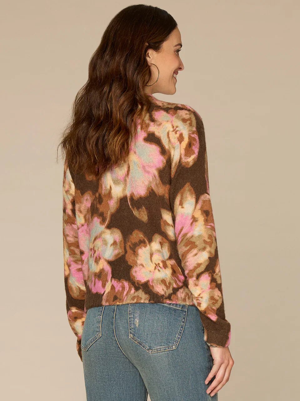 Long Ruched Sleeve Mock Neck Abstract Floral Print Petite Sweater - Mainstream Boutique