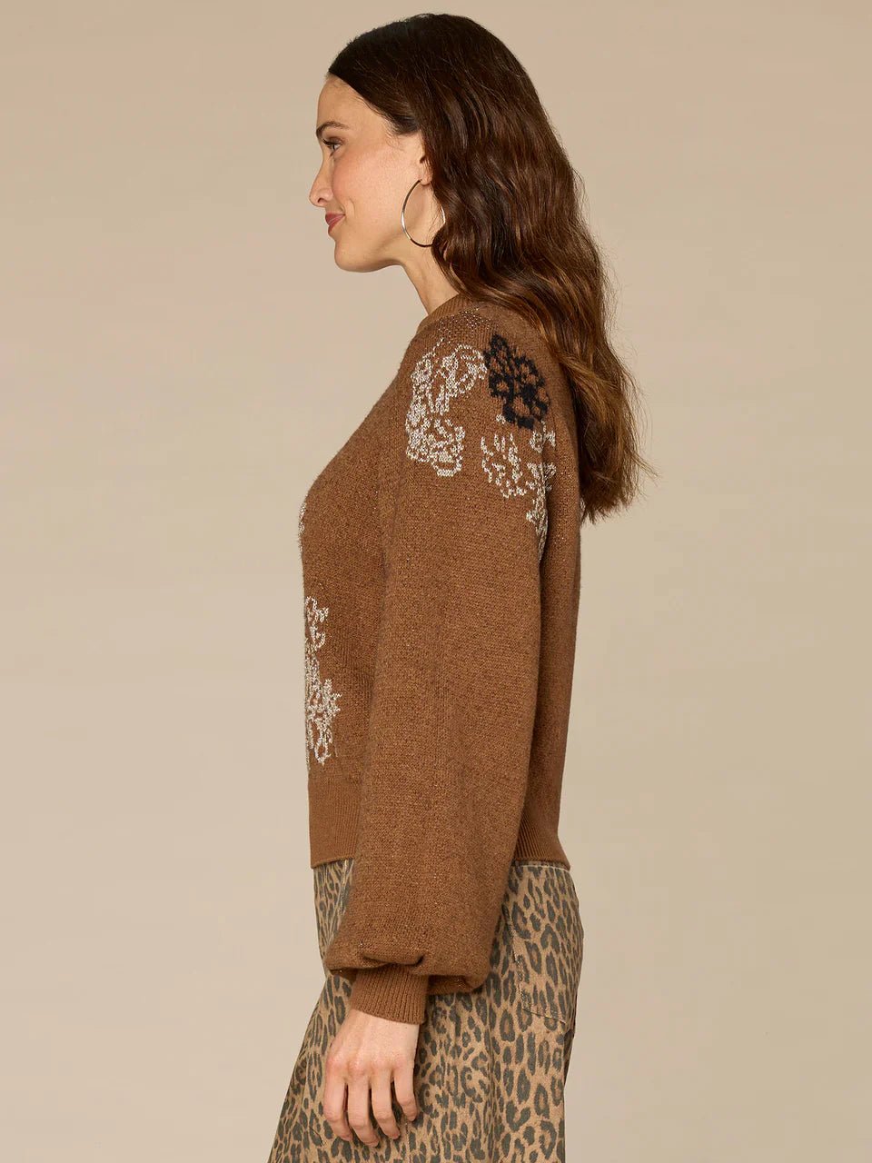 Long Blouson Sleeve Mock Neck Placement Floral Jacquard Sweater - Mainstream Boutique