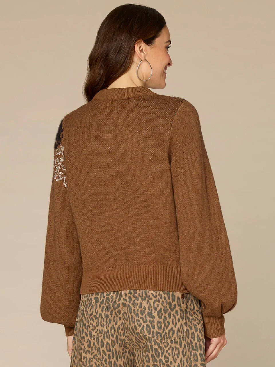 Long Blouson Sleeve Mock Neck Placement Floral Jacquard Sweater - Mainstream Boutique