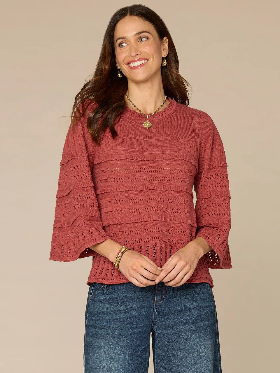 Bell Sleeve Round Neck Crochet Edge Variegated Stitch Mix Sweater - Mainstream Boutique