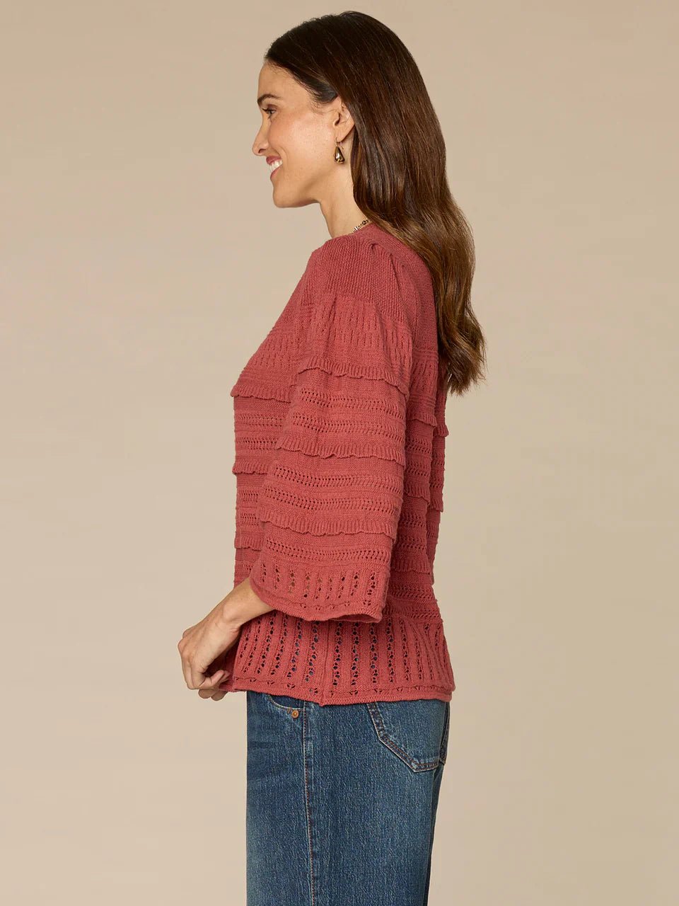Bell Sleeve Round Neck Crochet Edge Variegated Stitch Mix Sweater - Mainstream Boutique