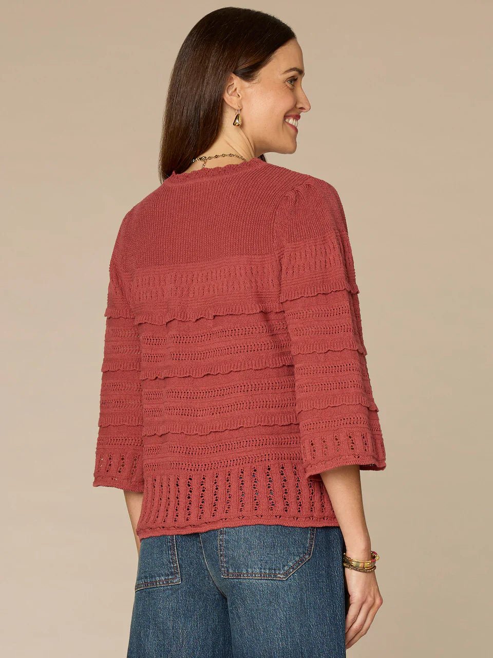Bell Sleeve Round Neck Crochet Edge Variegated Stitch Mix Sweater - Mainstream Boutique