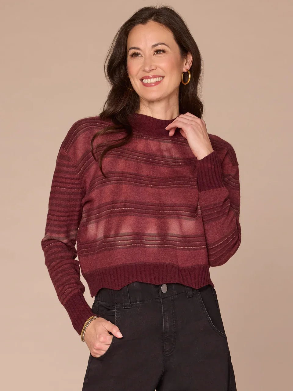 Long Sleeve Mock Neck Wavy Scallop Hem Stripe Mix Tie Dye Sweater - Mainstream Boutique
