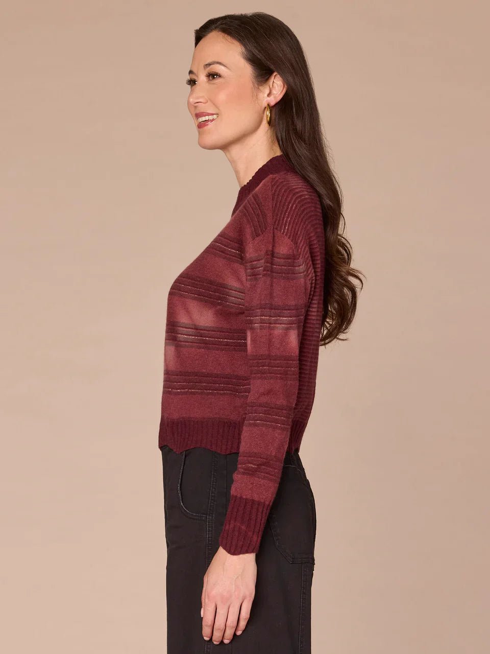 Long Sleeve Mock Neck Wavy Scallop Hem Stripe Mix Tie Dye Sweater - Mainstream Boutique