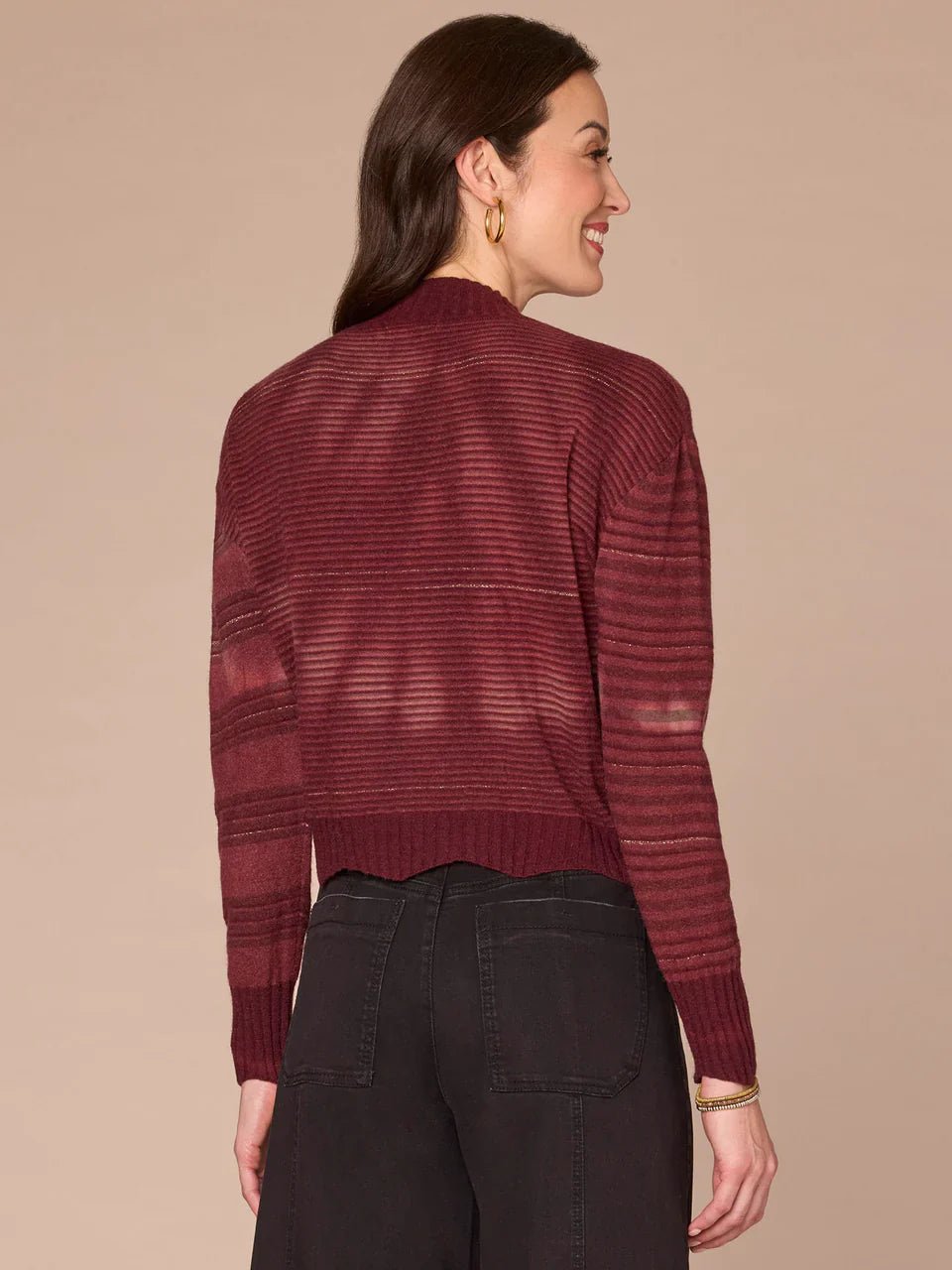 Long Sleeve Mock Neck Wavy Scallop Hem Stripe Mix Tie Dye Sweater - Mainstream Boutique