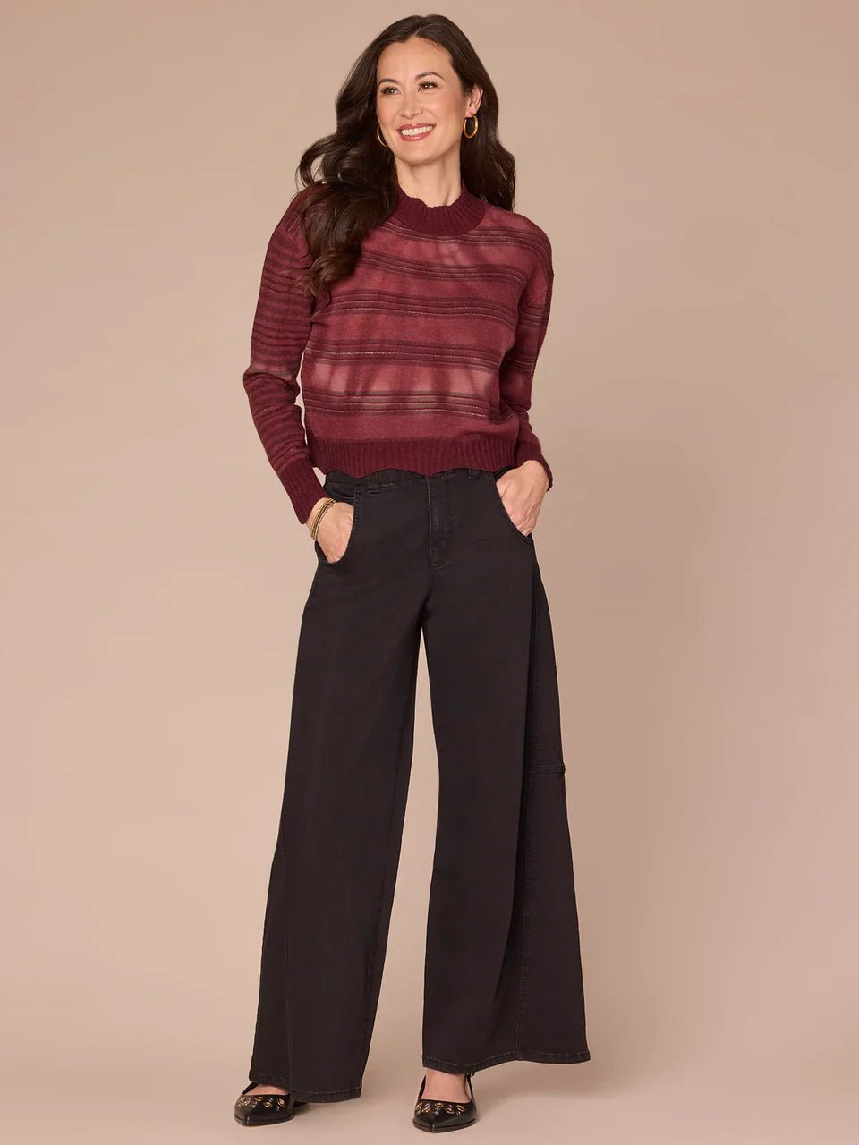Long Sleeve Mock Neck Wavy Scallop Hem Stripe Mix Tie Dye Sweater - Mainstream Boutique