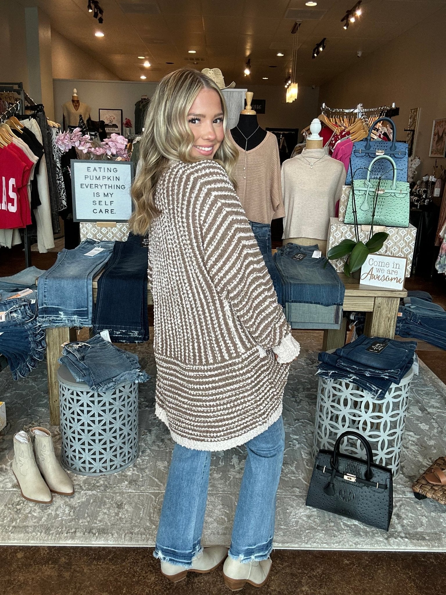 Open Front Contrast Knit Cardigan - Mainstream Boutique