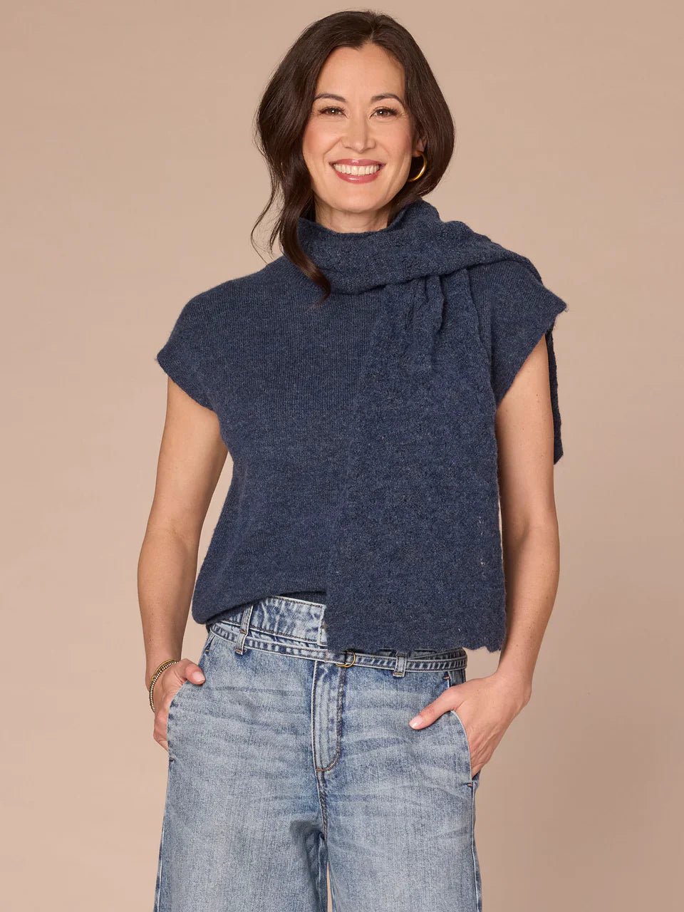 Extended Shoulder Round Neck Sweater Vest With Pointelle Scarf - Mainstream Boutique