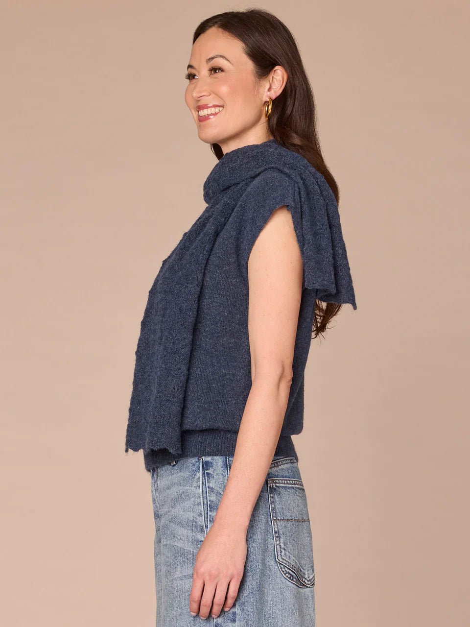 Extended Shoulder Round Neck Sweater Vest With Pointelle Scarf - Mainstream Boutique
