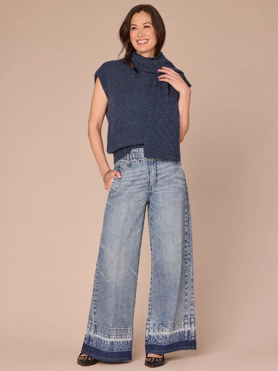 Extended Shoulder Round Neck Sweater Vest With Pointelle Scarf - Mainstream Boutique