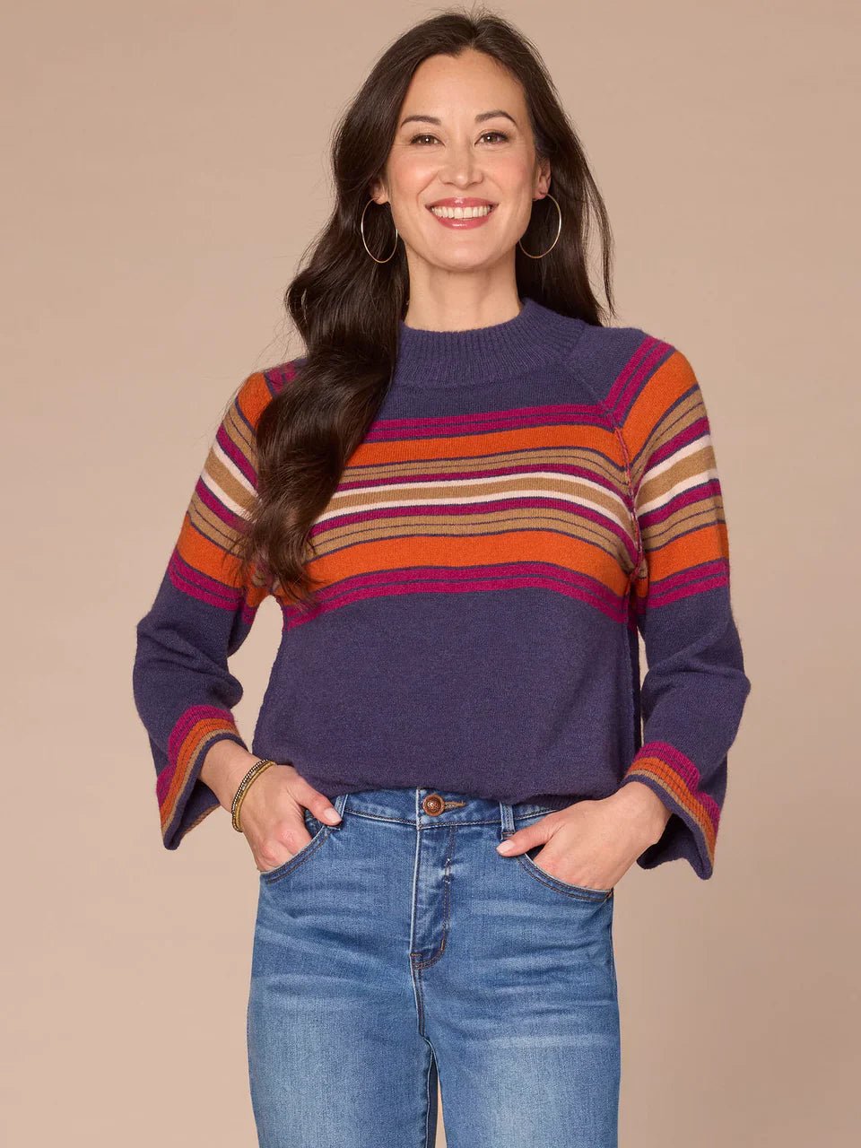 Long Cuffed Sleeve Mock Neck Bubble Hem Placement Stripe Sweater - Mainstream Boutique