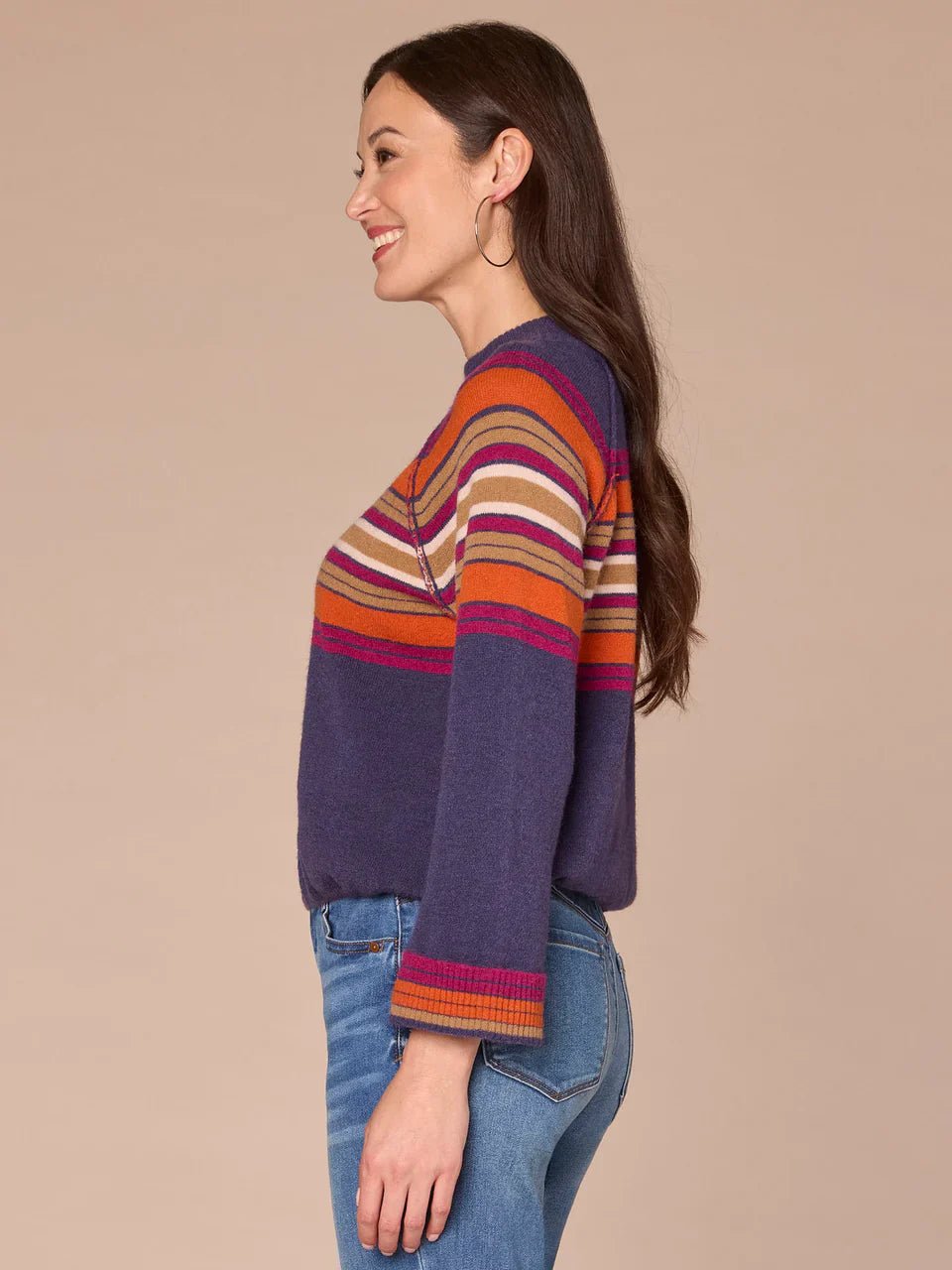 Long Cuffed Sleeve Mock Neck Bubble Hem Placement Stripe Sweater - Mainstream Boutique