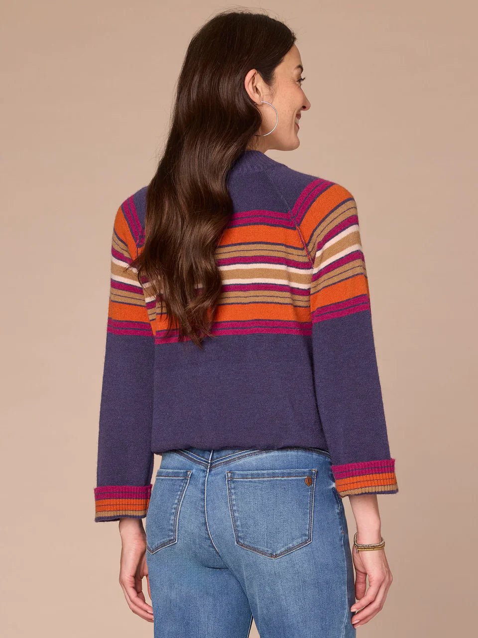 Long Cuffed Sleeve Mock Neck Bubble Hem Placement Stripe Sweater - Mainstream Boutique