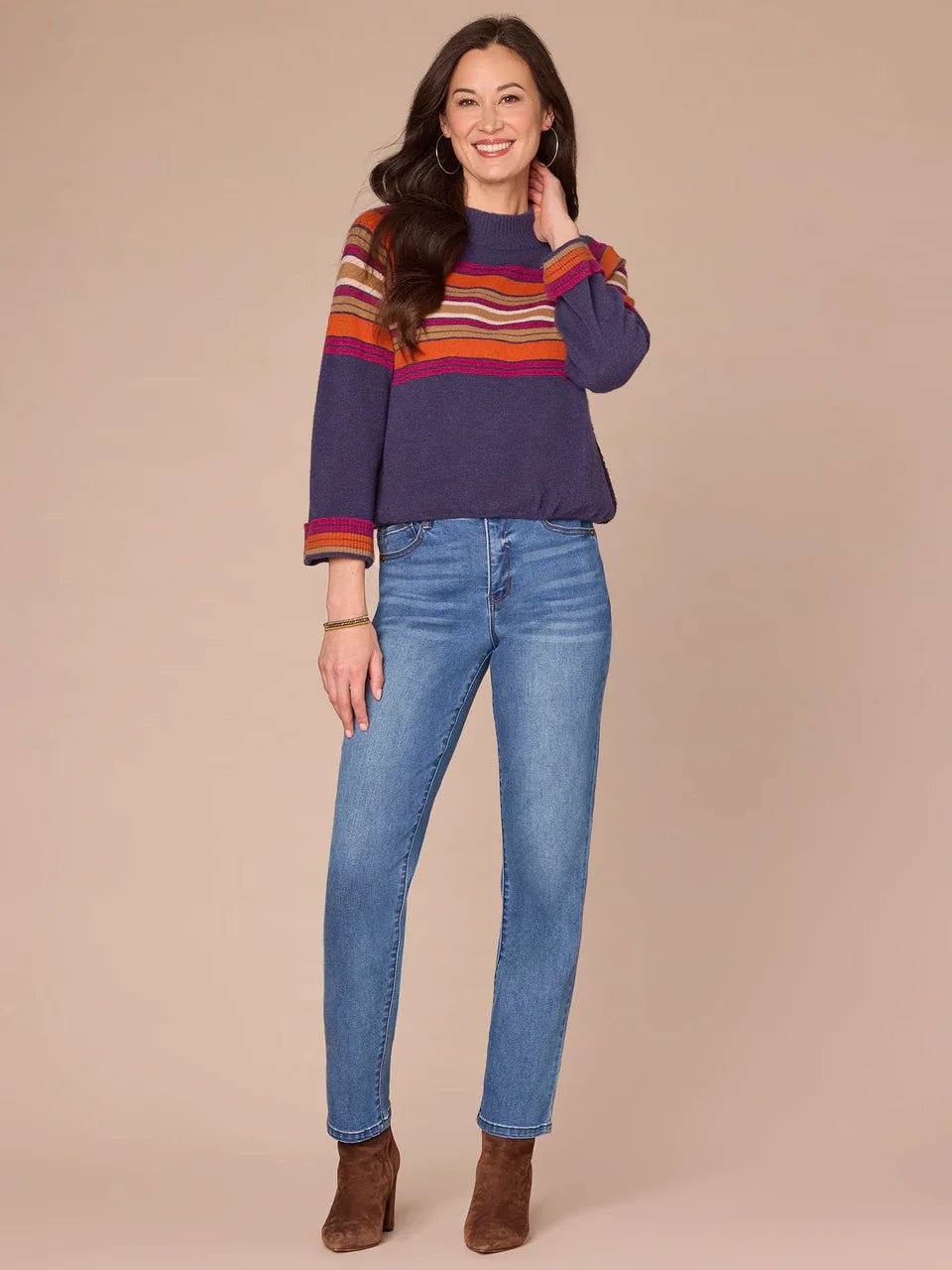 Long Cuffed Sleeve Mock Neck Bubble Hem Placement Stripe Sweater - Mainstream Boutique
