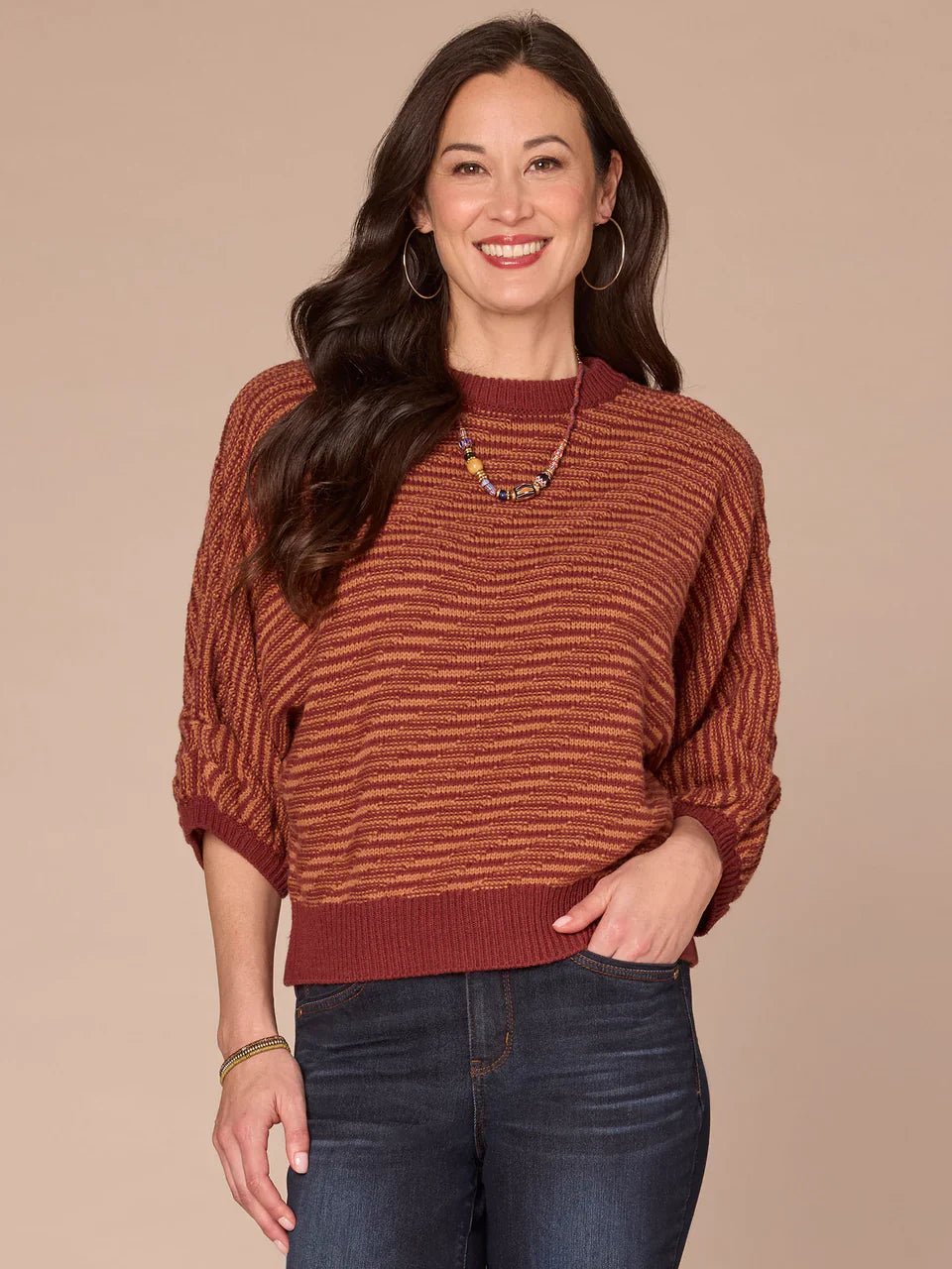 Three Quarter Dolman Sleeve Round Neck Banded Hem Bias Stitch Sweater - Mainstream Boutique