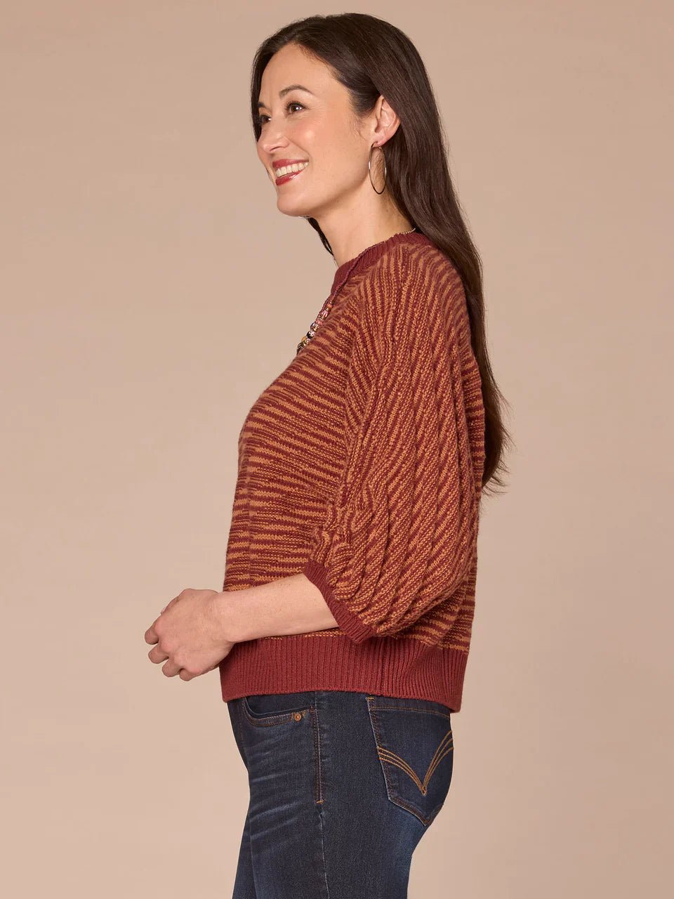 Three Quarter Dolman Sleeve Round Neck Banded Hem Bias Stitch Sweater - Mainstream Boutique