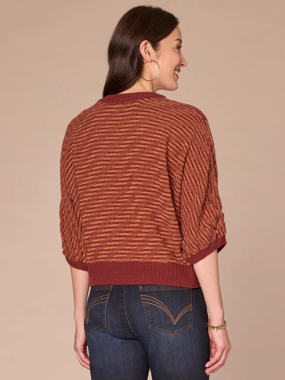 Three Quarter Dolman Sleeve Round Neck Banded Hem Bias Stitch Sweater - Mainstream Boutique