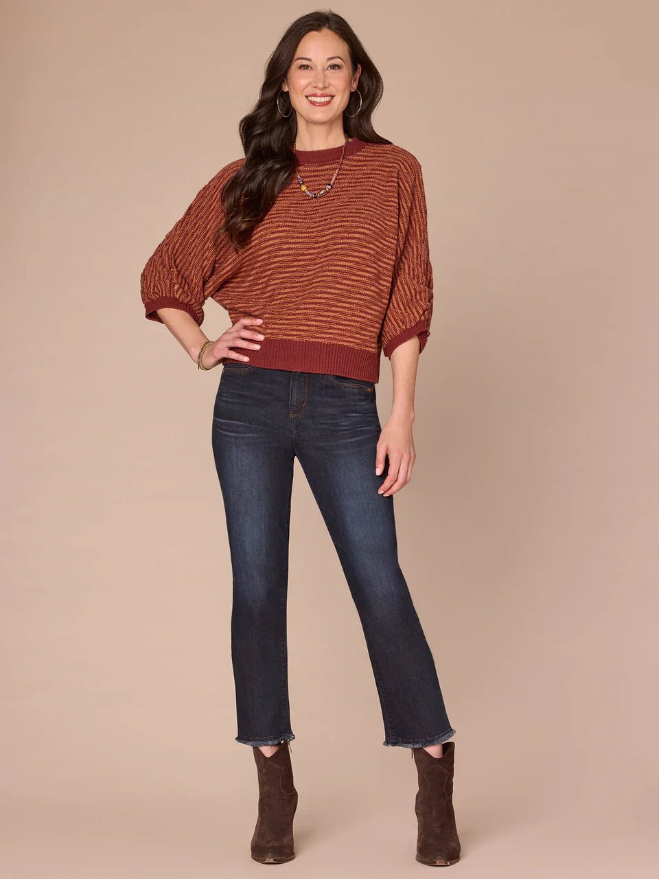 Three Quarter Dolman Sleeve Round Neck Banded Hem Bias Stitch Sweater - Mainstream Boutique
