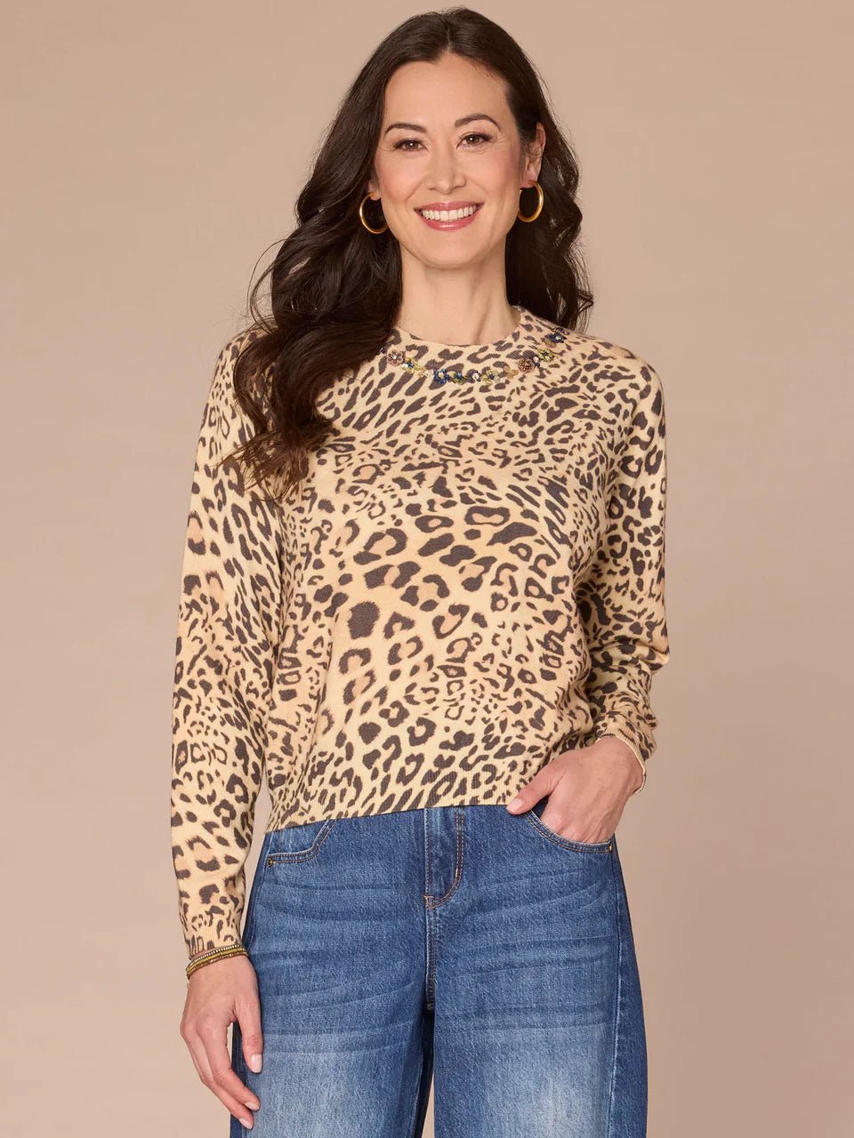 Long Sleeve Round Sequin Embroidered Neck Animal Print Sweater - Mainstream Boutique