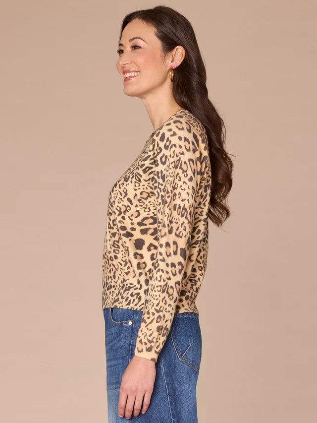 Long Sleeve Round Sequin Embroidered Neck Animal Print Sweater - Mainstream Boutique