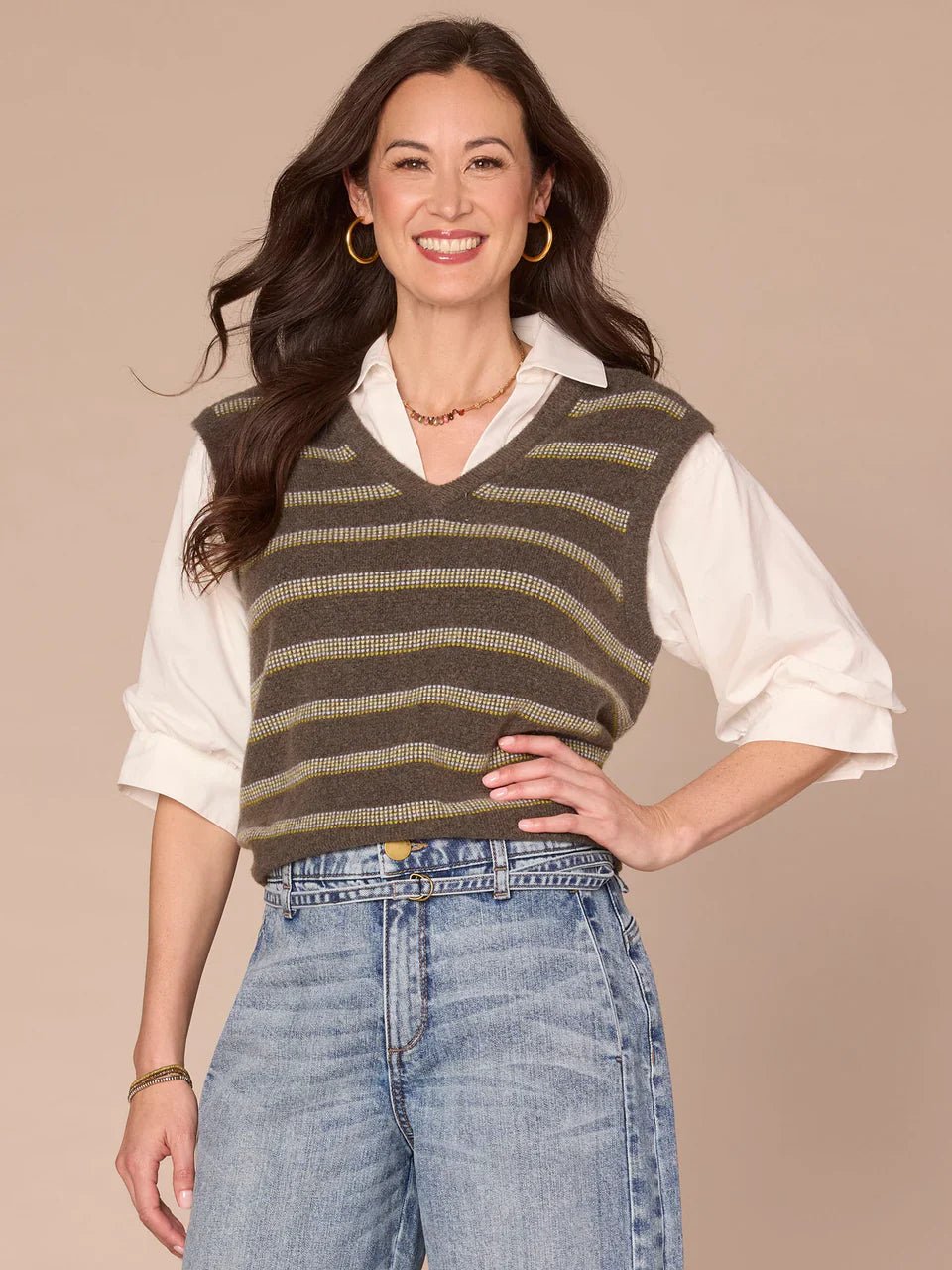 Below Elbow Blouson Sleeve Collar Neck Striped Twofer Sweater Vest - Mainstream Boutique