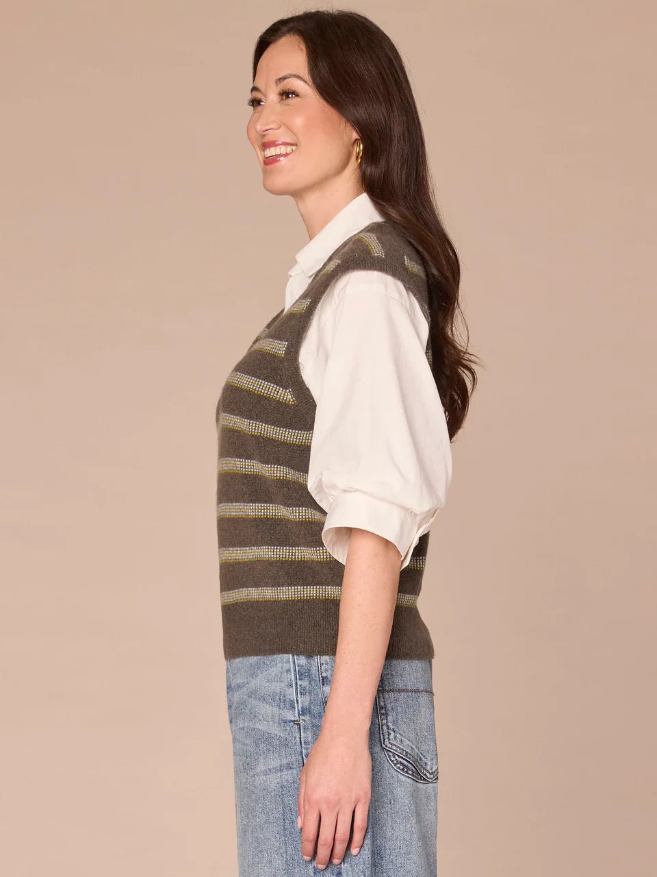 Below Elbow Blouson Sleeve Collar Neck Striped Twofer Sweater Vest - Mainstream Boutique