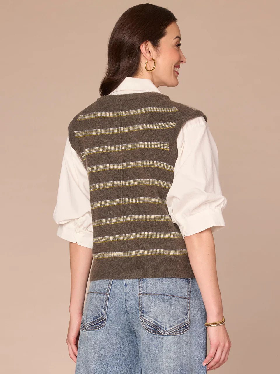 Below Elbow Blouson Sleeve Collar Neck Striped Twofer Sweater Vest - Mainstream Boutique
