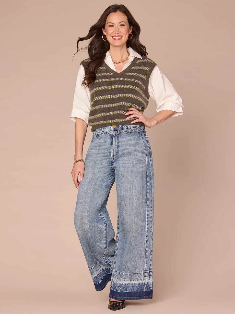 Below Elbow Blouson Sleeve Collar Neck Striped Twofer Sweater Vest - Mainstream Boutique