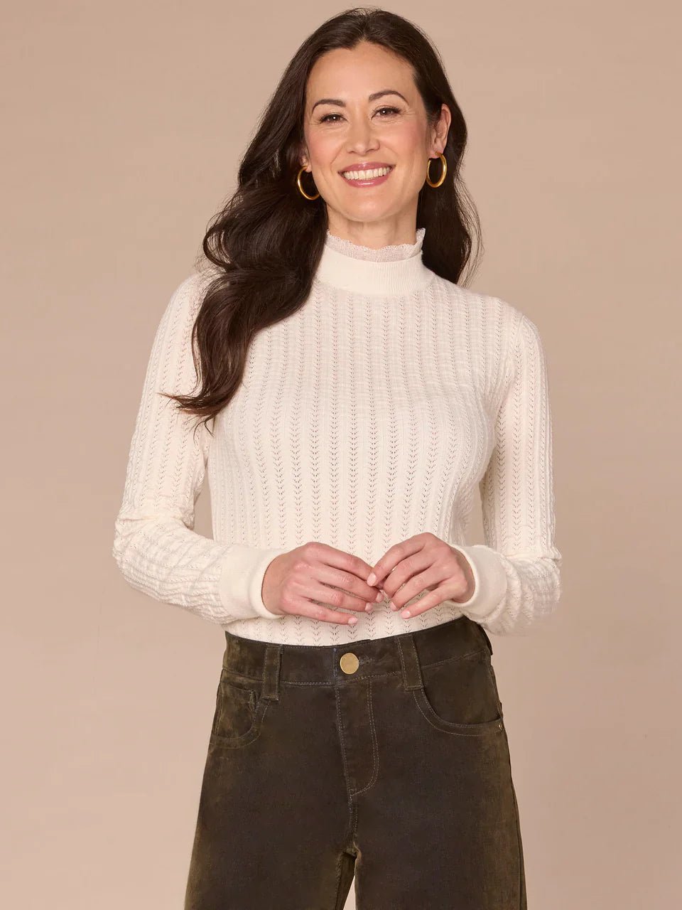 Long Sleeve Mock Neck Pointelle Sweater With Beaded Ruffle Edge - Mainstream Boutique