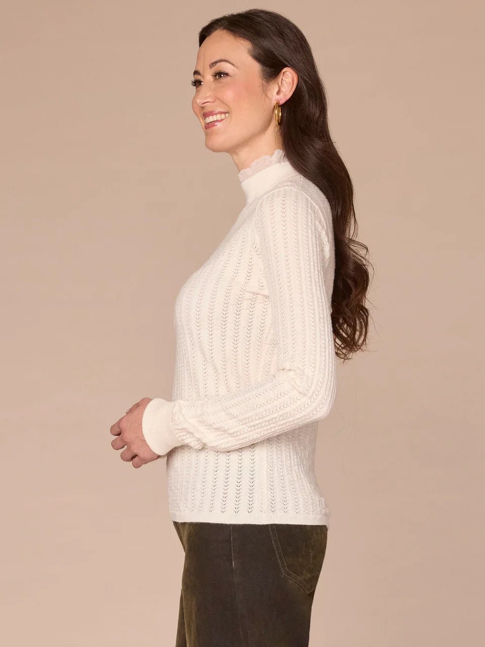 Long Sleeve Mock Neck Pointelle Sweater With Beaded Ruffle Edge - Mainstream Boutique