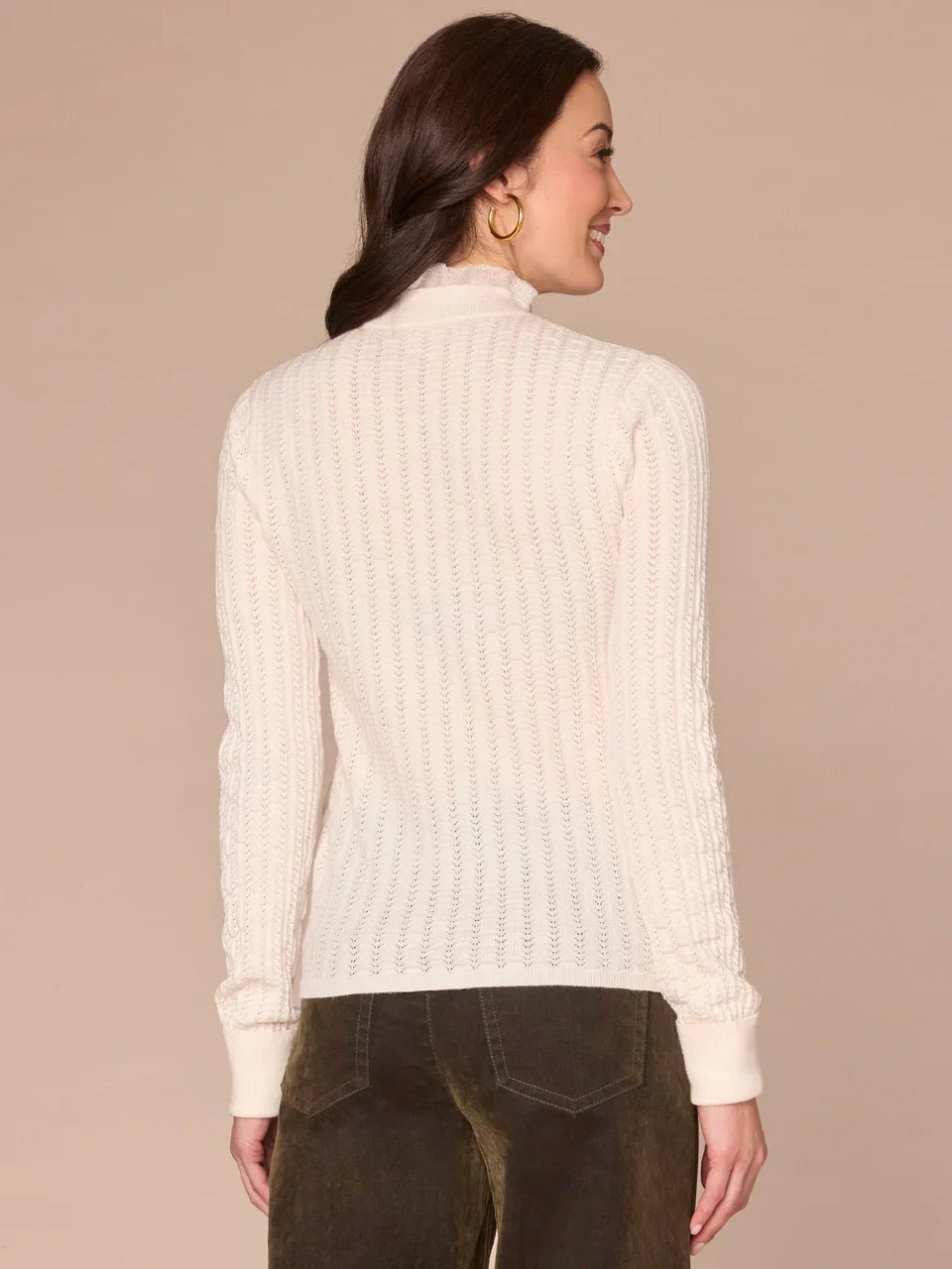 Long Sleeve Mock Neck Pointelle Sweater With Beaded Ruffle Edge - Mainstream Boutique