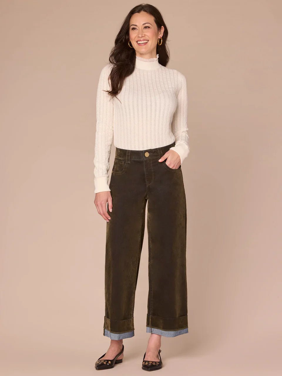 Long Sleeve Mock Neck Pointelle Sweater With Beaded Ruffle Edge - Mainstream Boutique